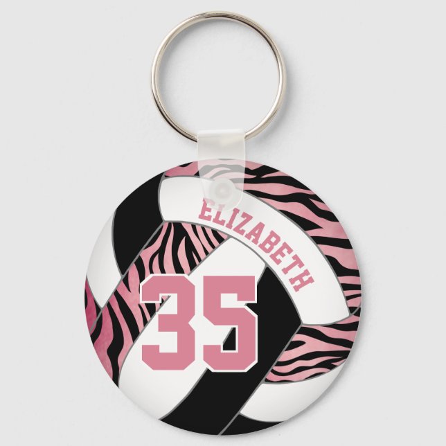zebra stripes w pink and black girls volleyball key ring (Front)