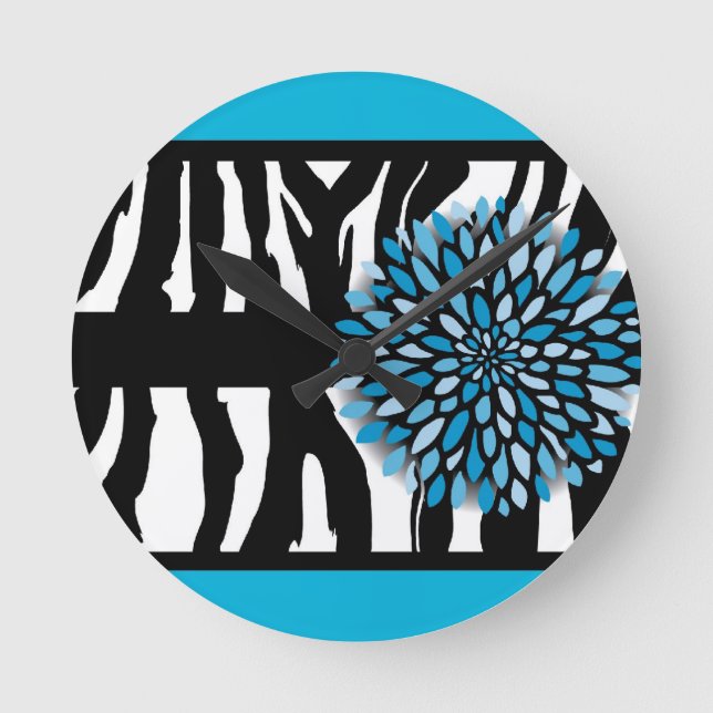 Zebra Stripes with Blue Chrysanthemum Round Clock (Front)