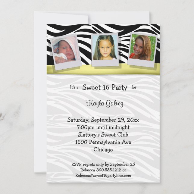 Zebra Stripes Yellow Ribbon Photo Party Invite (Front)