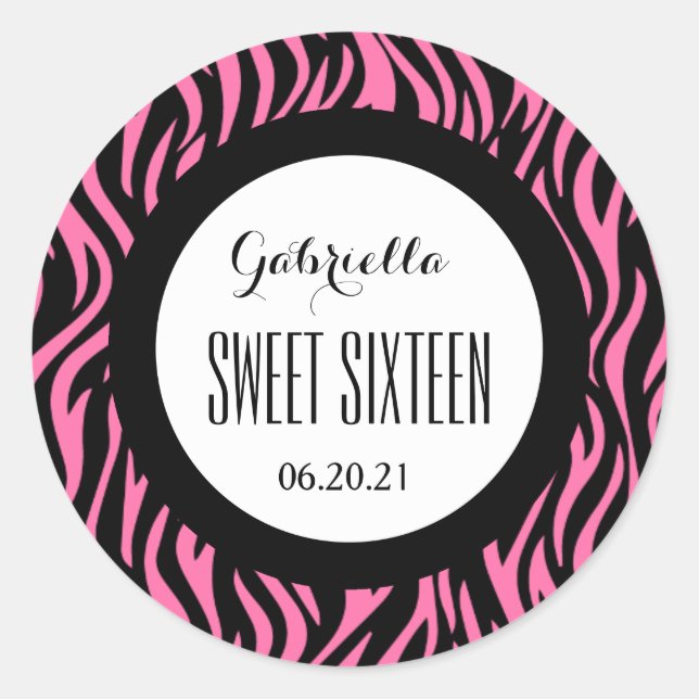 ZEBRA Sweet Sixteen 16 Custom V14 PINK BLACK Classic Round Sticker (Front)