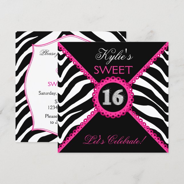 Zebra Sweet Sixteen Pink Lace Bling Invitation (Front/Back)