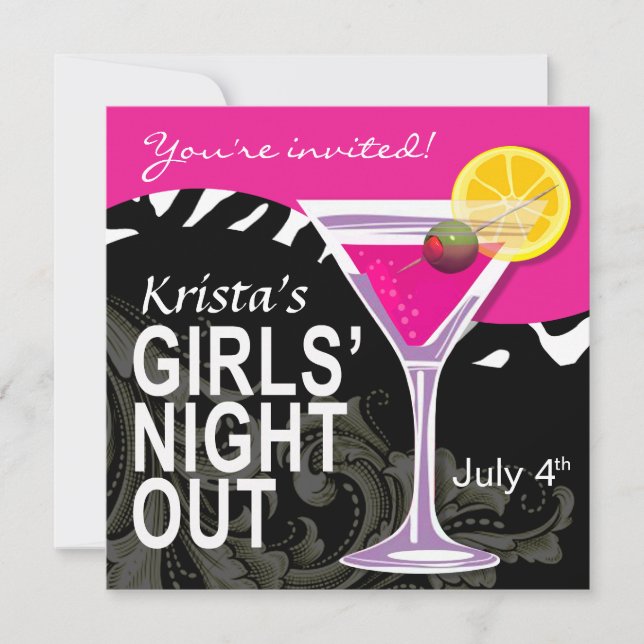Zebra Swoop Girls' Night Out Cocktail Party Invitation (Front)