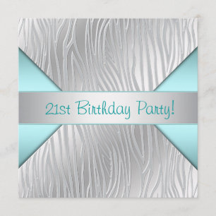 Zebra Teal Blue 21st Birthday Party Invitation