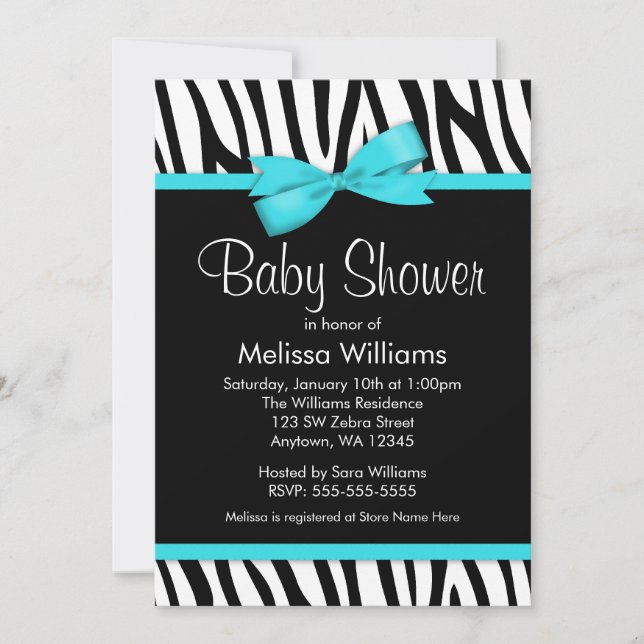 Zebra Teal Blue Printed Bow Baby Shower Invitation (Front)