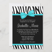 Zebra Teal Blue Printed Bow Bat Mitzvah Invitation