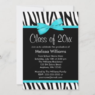 Zebra Teal Blue Printed Bow Graduation Party Invitation