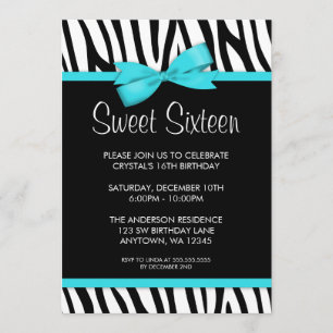 Zebra Teal Blue Printed Bow Sweet 16 Birthday Invitation