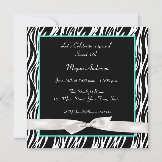 Zebra Teal Blue, White Bow Invitation (Front)