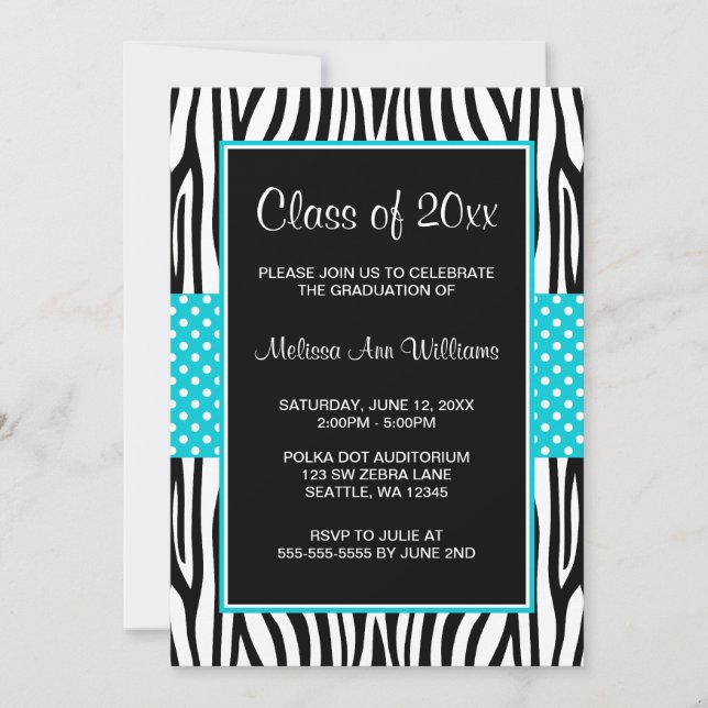Zebra Teal Polka Dot Graduation Announcement (Front)
