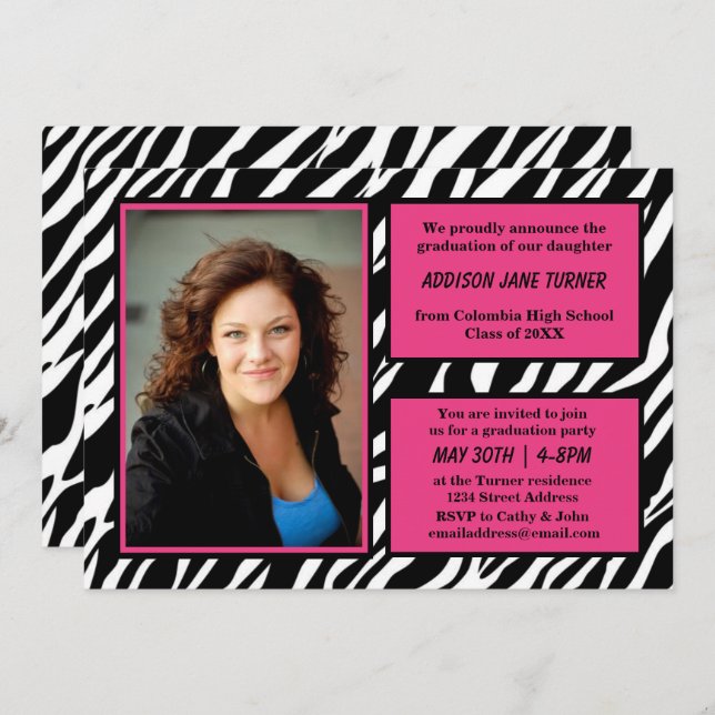 Zebra w/Pink Trim with Photo - Grad Announcement (Front/Back)