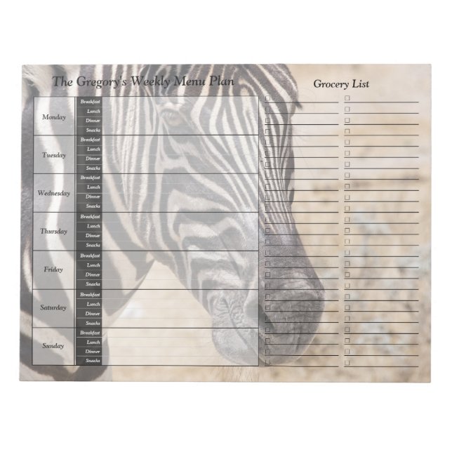 Zebra Weekly Personalised Meal Planner Notepad (Front)