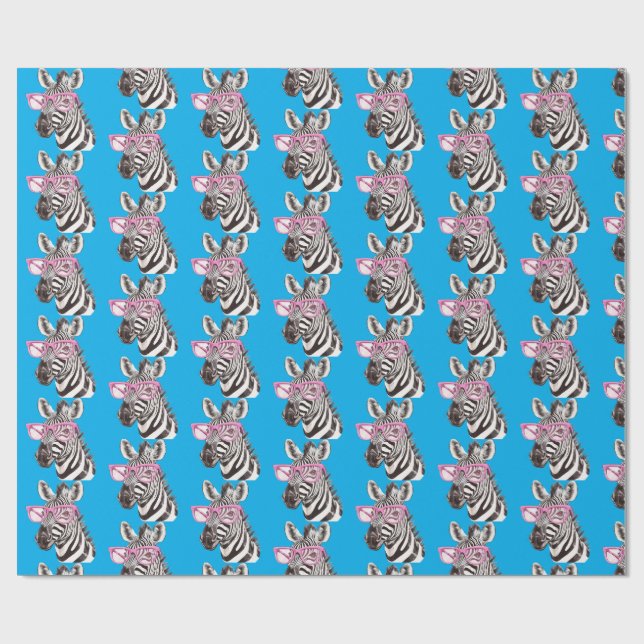 Zebra with Pink Glasses Blue Bg Wrapping Paper (Flat)