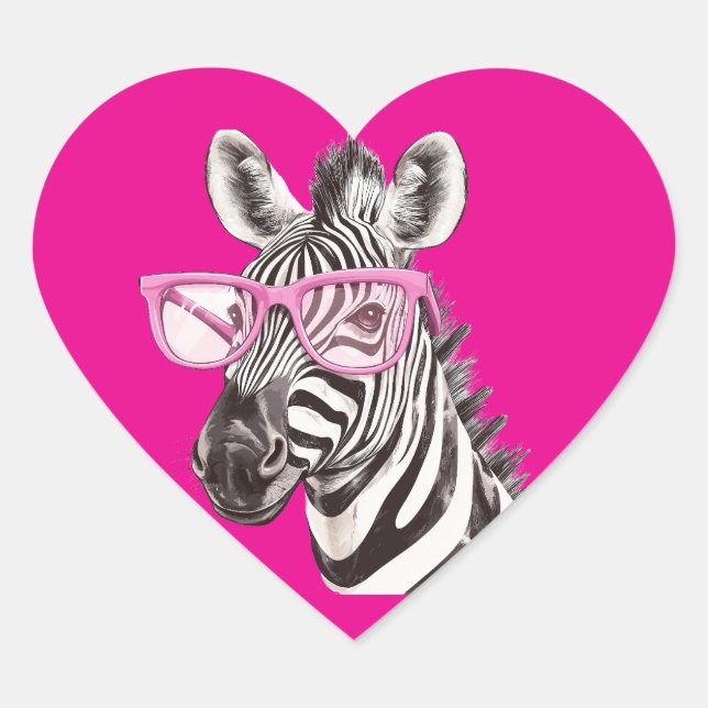 Zebra with Pink Glasses  Dark Pink Background Heart Sticker (Front)