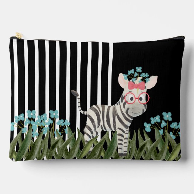 Zebra With Pink Glasses Large Accessory Pouch (Front)
