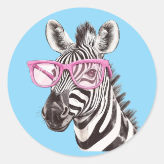 Zebra with Pink Glasses Sticker Blue Background