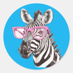 Zebra with Pink Glasses Sticker D. Blue Background