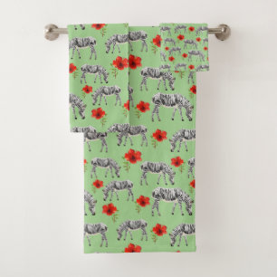 Zebras Among Hibiscus Flowers Bath Towel Set