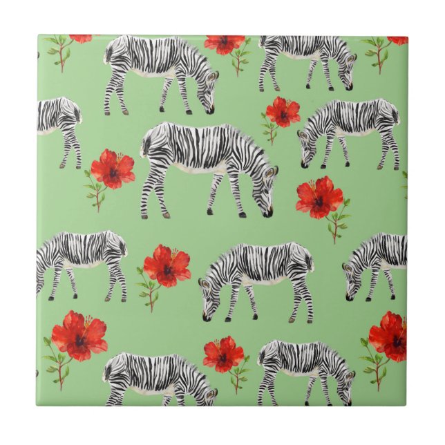 Zebras Among Hibiscus Flowers Ceramic Tile (Front)
