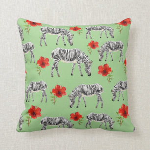 Zebras Among Hibiscus Flowers Cushion