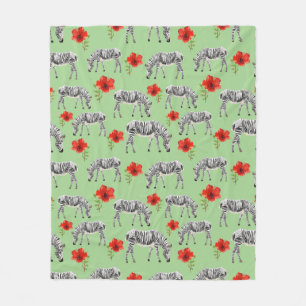 Zebras Among Hibiscus Flowers Fleece Blanket