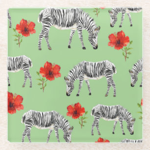 Zebras Among Hibiscus Flowers Glass Coaster