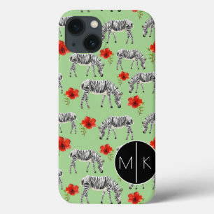 Zebras Among Hibiscus Flowers Monogram iPhone 13 Case