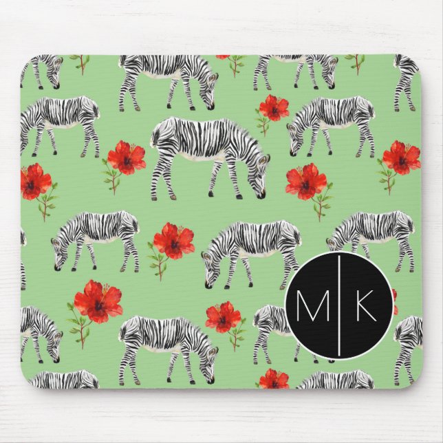 Zebras Among Hibiscus Flowers | Monogram Mouse Pad (Front)