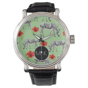 Zebras Among Hibiscus Flowers Monogram Watch