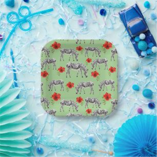 Zebras Among Hibiscus Flowers Paper Plate