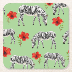 Zebras Among Hibiscus Flowers Square Paper Coaster