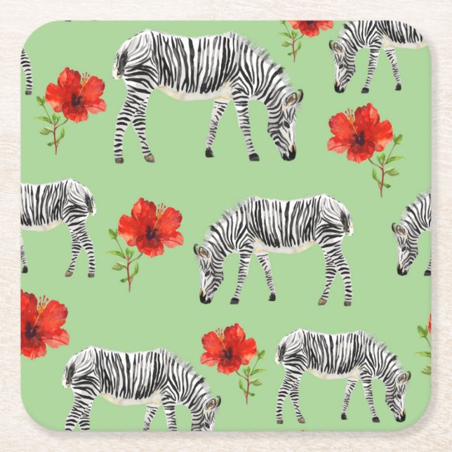 Zebras Among Hibiscus Flowers Square Paper Coaster (Front)