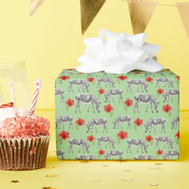 Zebras Among Hibiscus Flowers Wrapping Paper (Birthday Party)