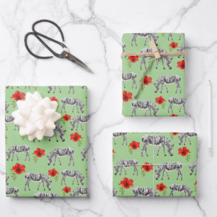 Zebras Among Hibiscus Flowers Wrapping Paper Sheet