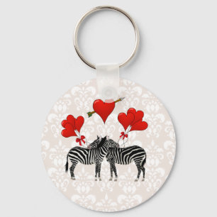 Zebras and hearts on pink damask key ring