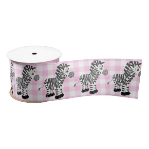 Zebras On Pink Gingham Satin Ribbon