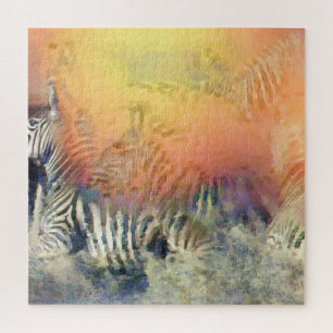 Zebras running pastel contemporary animal art jigsaw puzzle