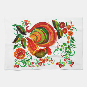 Zeichnung eines Hahns im Volksstil. Tea Towel