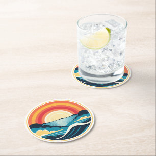 Zen Art Deco Sunset over Water Round Paper Coaster