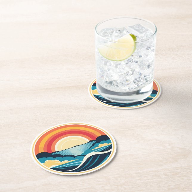 Zen Art Deco Sunset over Water Round Paper Coaster (Insitu)