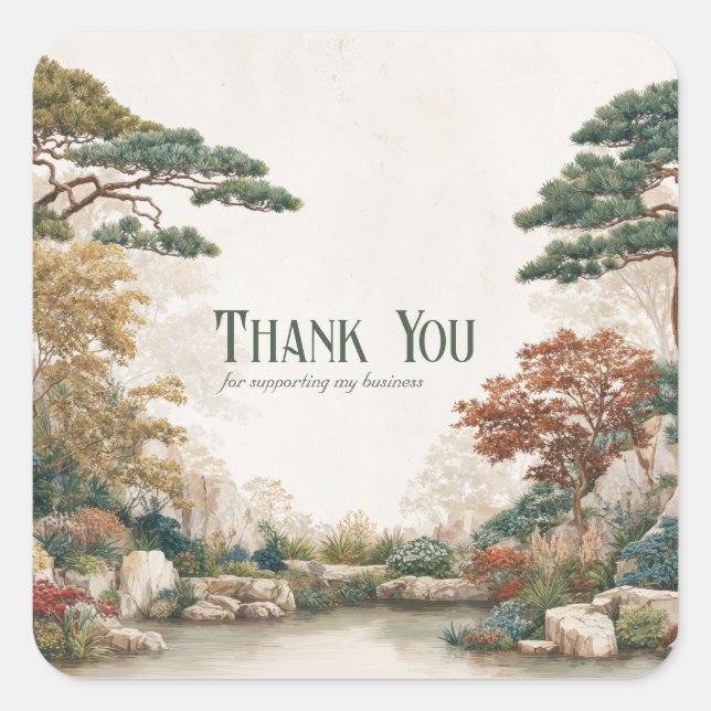 Zen Asian Pine Tree Water Garden Rustic Scenery Square Sticker (Front)