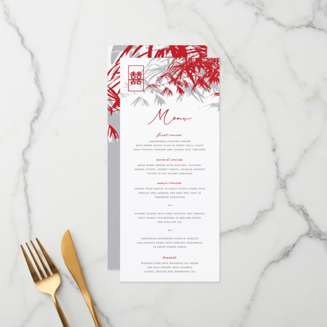 Zen Bamboo Leaves Double Happiness Chinese Wedding Menu (Front/Back In Situ)