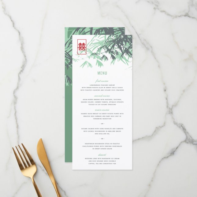Zen Bamboo Leaves Double Happiness Chinese Wedding Menu (Front/Back In Situ)
