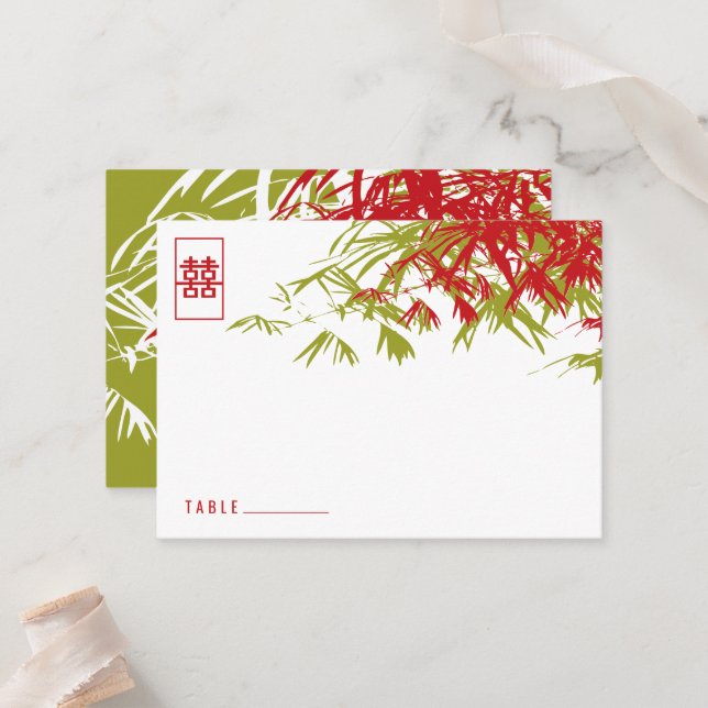 Zen Bamboo Leaves Double Happiness Chinese Wedding Place Card (Front/Back In Situ)