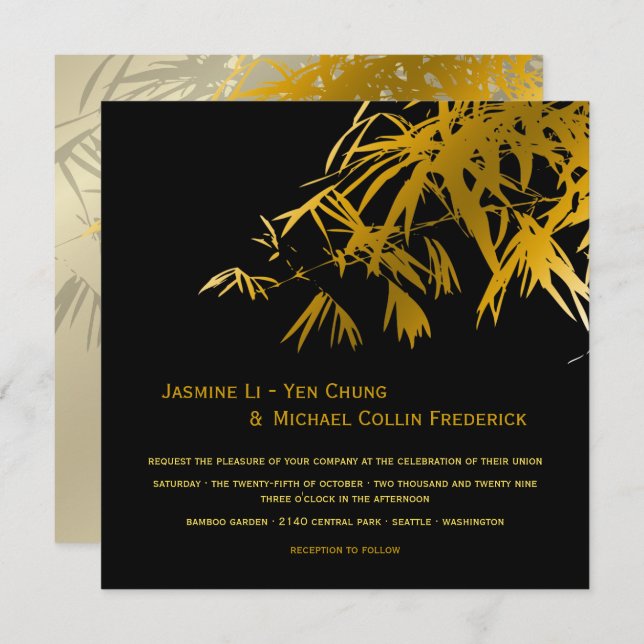 Zen Bamboo Leaves Gold Black Modern Asian Wedding Invitation (Front/Back)