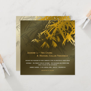 Zen Bamboo Leaves Gold & Green Chic Asian Wedding Invitation