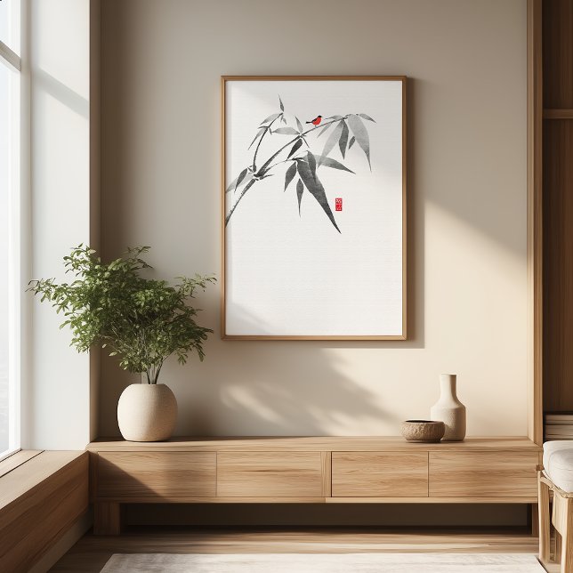 Zen Bird on Bamboo - Minimalist Ink Wall Art (Creator Uploaded)