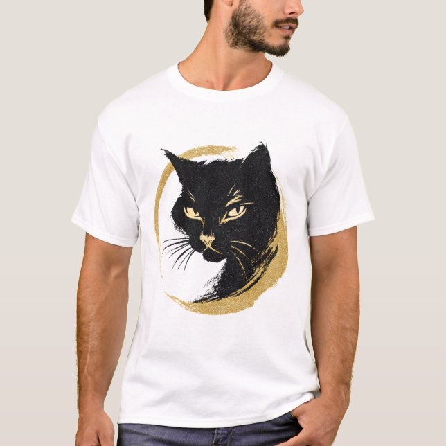 Zen Black Cat Gold Enso Minimalist Art Poster. T-Shirt (Front)