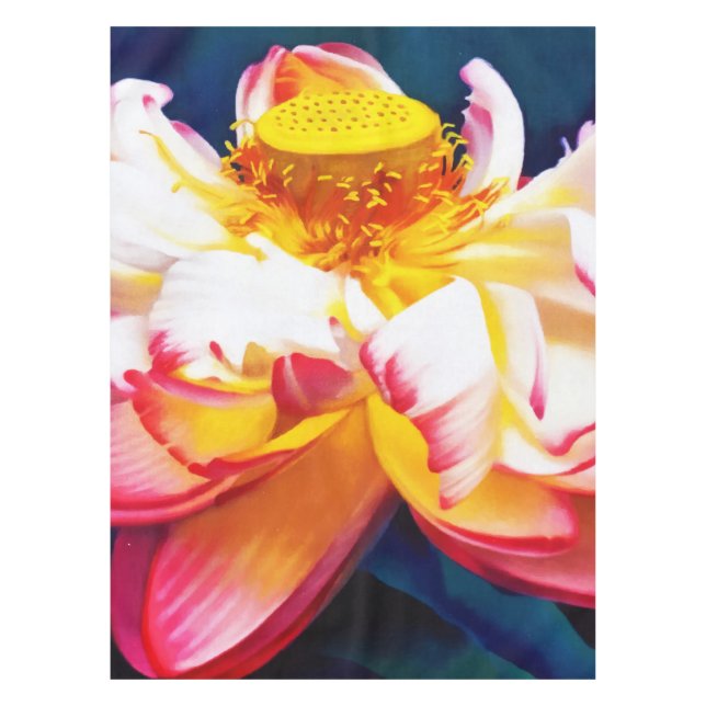 Zen Blooming Pink Lotus Flower Watercolor Tablecloth (Front)