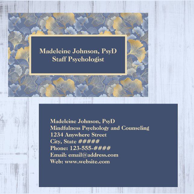 Zen Blue Gold Ginkgo Psychiatrist or Counsellor Business Card (Creator Uploaded)