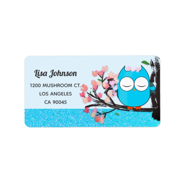 Zen Blue Owl Spring Blloom Blue Glitter Mailing Label (Front)